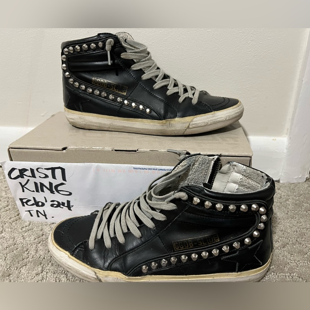 Golden goose studded slides,38, heavily worn